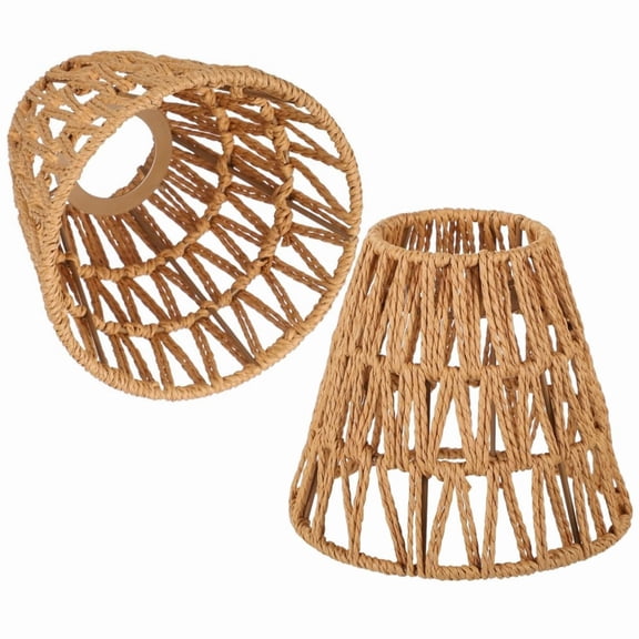 GIXUSIL 2Pcs Natural Woven Rattan Lamp Shade, Boho Bell Drum Style Chandelier Cover for Table Floor Lamp and Pendant Light Fixture,Brown