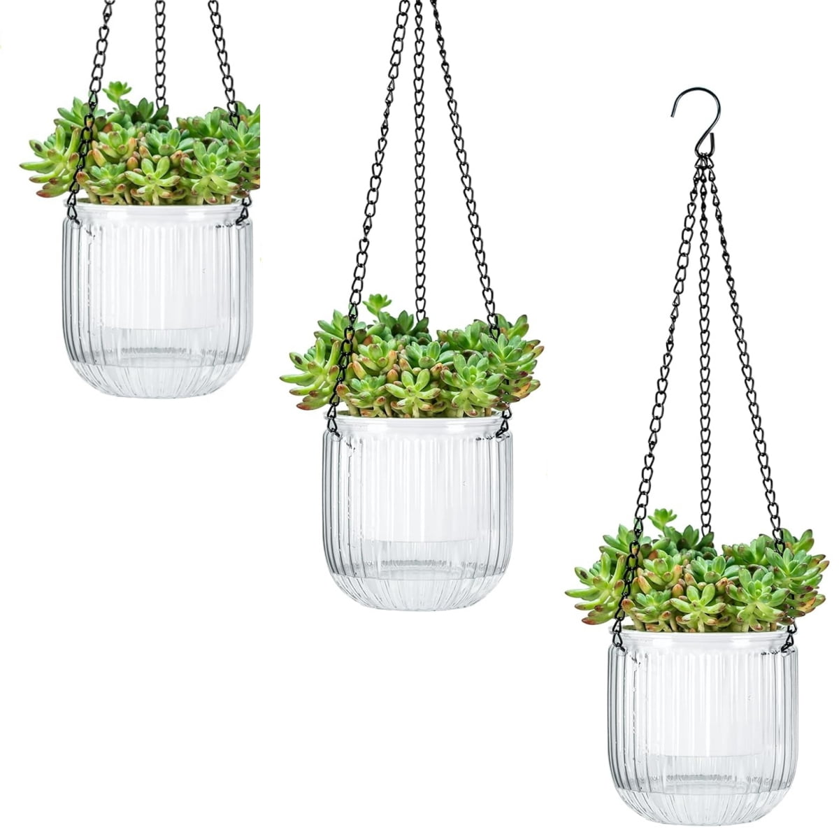 GIXUSIL 3-Pack 4 inch Self-Watering Hanging Planters with 3 Hooks & Drainage Holes, Indoor Outdoor Flower Pots, Clean