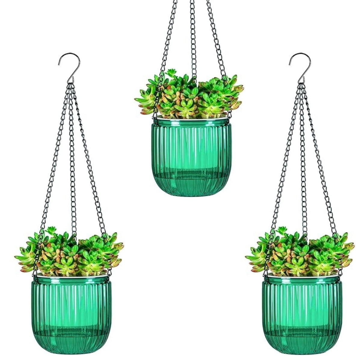 GIXUSIL 3-Pack 4 inch Self-Watering Hanging Planters with Drainage Holes, Green Indoor Outdoor Flower Pots with 3 Hook Chains for Garden Home