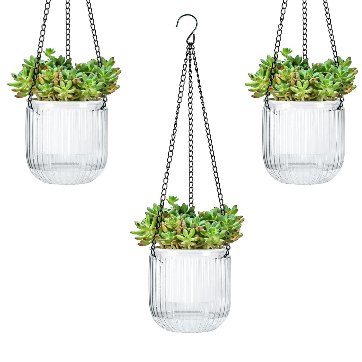 GIXUSIL 3-Pack Self-Watering Hanging Planters with 3 Hooks, 4 inch Plastic Pots with Drainage Holes for Indoor Outdoor Garden, Clean