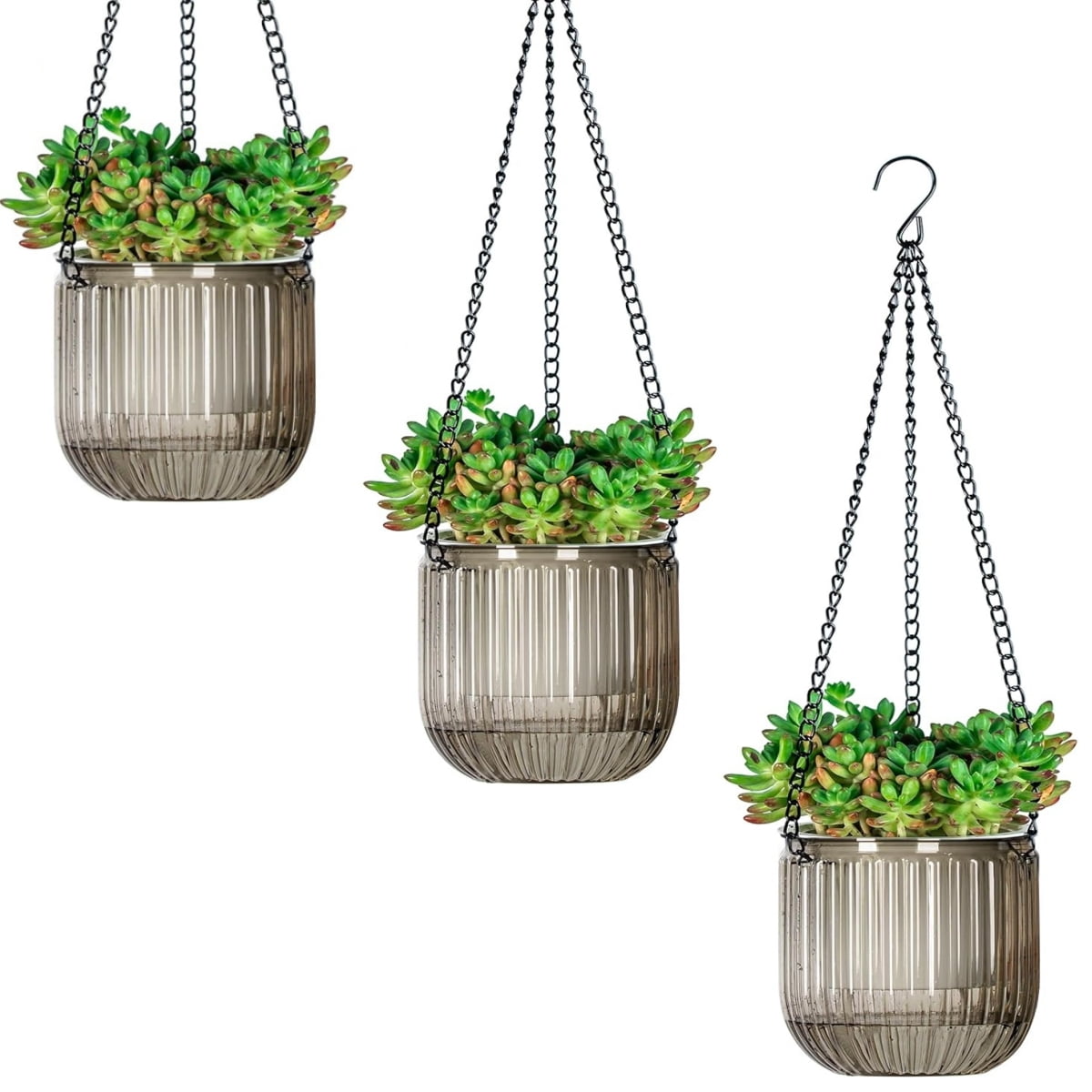 GIXUSIL 3-Pack Small Self-Watering Hanging Planters with 3 Hooks, Indoor Outdoor Flower Pots with Drainage Holes, Gray Plant Hanger Baskets for Home Garden Decor