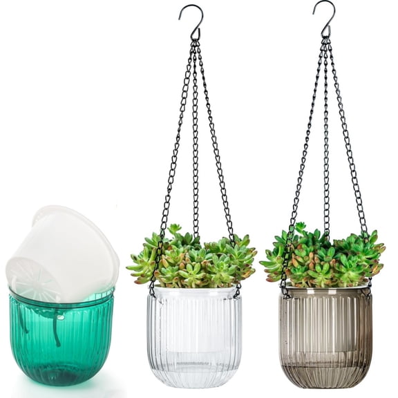 GIXUSIL 3 Pcs 4 inch Self Watering Hanging Planters with 3 Hooks Chains,Hanging Flower Pot with Drainage Hole, Plastic Hanging Basket, Plant Hanger for Indoor Outdoor Plants, Herbs,3 Color