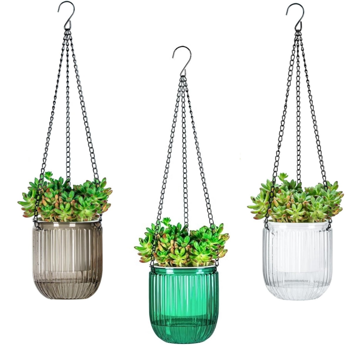 GIXUSIL 3 Pcs 4 inch Outdoor Small Hanging Planters Flower Pot Basket,Self Watering Hanging Planter Indoor Plant Pots Drainage Holes, Visible Water Level, Plant Hanger, Gardening，Green/Clean/Gray
