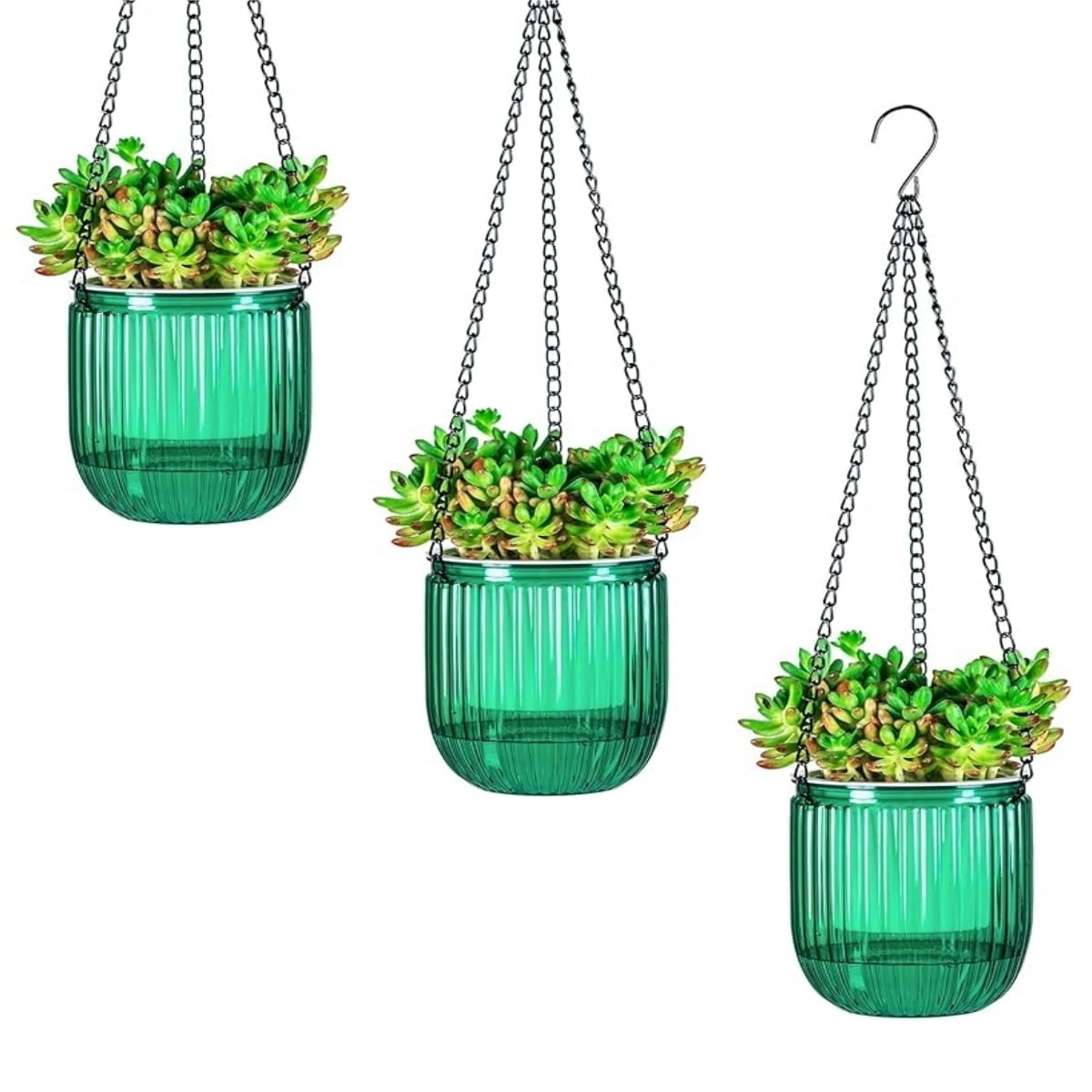 GIXUSIL 3Pack Self Watering Hanging Pots, 4 inch Hanging Planters for Plants Indoor, Outdoor Flower Pots with Drainage Holes and 3 Hooks Chains for Garden Home (Green)