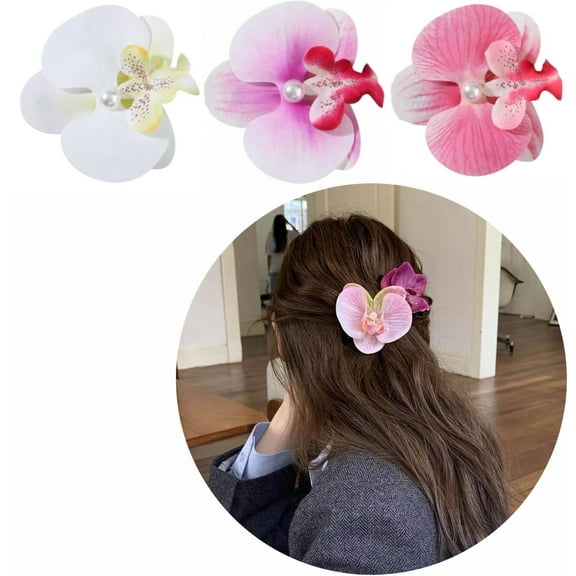 GIXUSIL 3Pcs Flower Hair Clip Bohemia Hawaiian Fabric Artificial Moth Orchid Flower Alligator Hair Clip Hairpin Barrette Headdress Bobby Pins Headwear Hair Accessories(Phalaenopsis/White Pink Purple)