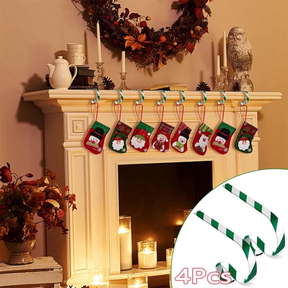 MODANU 4 Pcs Christmas Stocking Holders, Mantel Fireplace Stocking Hangers, Candy Cane Design Stocking Hangers Hooks Christmas Ornaments for Party Table (White& Green)