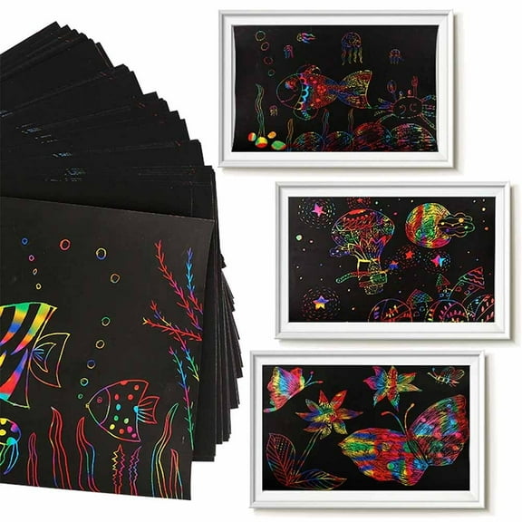 GIXUSIL 50 Piece Rainbow Scratch Paper Art Set Black Scratch Paper Scratch It off Art Crafts Notes Sheets Cards with 5 Wooden Styluses for Easter Party Game Christmas Birthday Gift