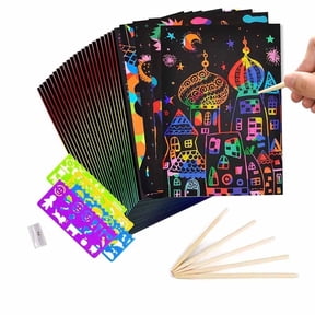 GIXUSIL 50 Piece Scratch Paper, Rainbow Black Crafts Arts Set with 5 Wooden Stylus for Children Art Supplies, DIY Sketch Gift(Black)