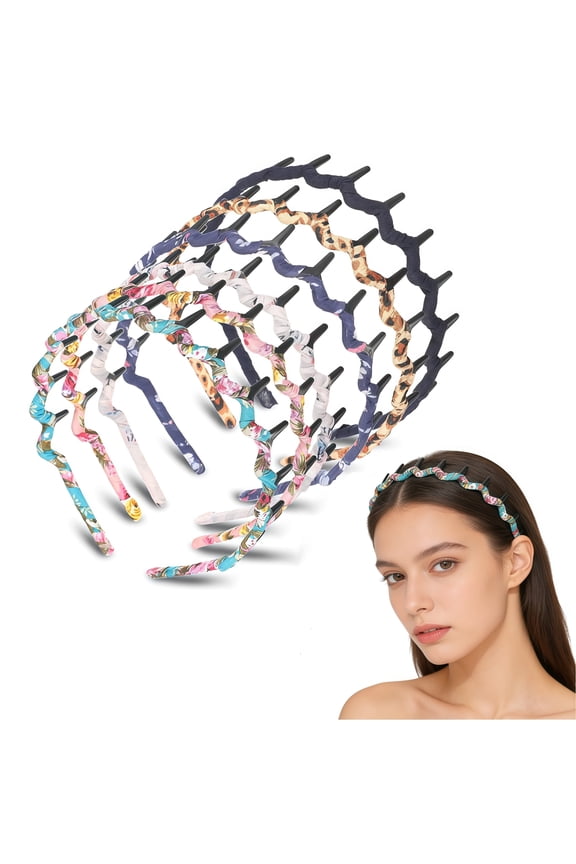 6 Colors Zigzag Shark Tooth Hair Comb Headbands Wrapped Cloth Hard Hairbands Wave Shape Plastic Hair Band Hair Accessory for Women Girls(Chic Pattern)