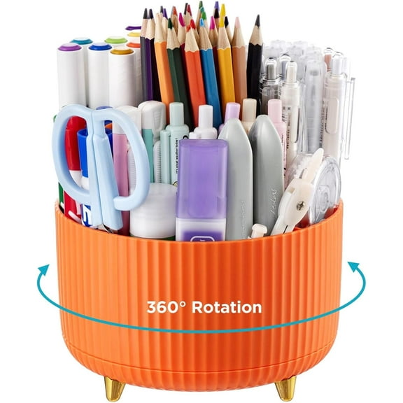GIXUSIL 6"D x 5"W x 6"H Large Desk Organizer, Round Rotating Pencil Holder for Desk, Makeup Brush Organizer, GIXUSIL 5 Compartments Pen Cup Holder for Office, Home, Art Supply (Orange)