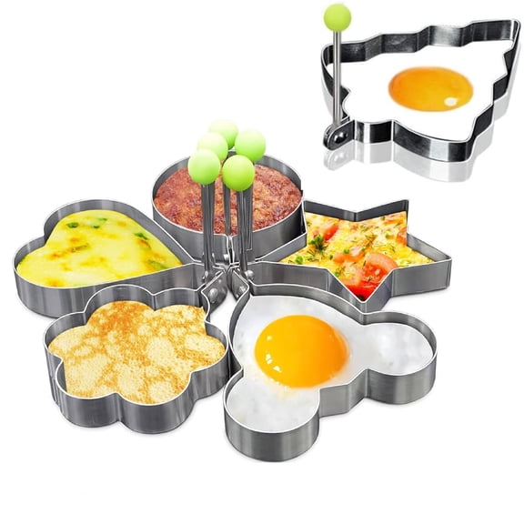 GIXUSIL 6 Pack Eggs Rings, Silver Stainless Steel Egg Cooking Rings, Round Pancake Mold for Frying Eggs, Omelet and Muffins, Non-stick Fried Egg Mold Ring with Oil Brush and Slotted Spatula, 6 Shapes