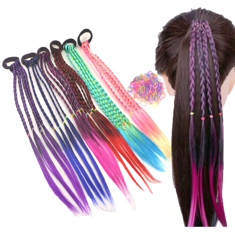 GIXUSIL 6 Pieces Christmas Decorations Colored Braids Hair Extensions with Rubber Band Rainbow Braided Kids Hair Extensions Hair Accessories for Children Performance Kids Girls Cosplay Party Dress