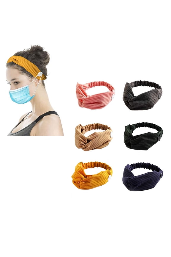 6Pcs Headband with Buttons for Face Mask, Headbands for Women Knotted Boho Stretchy Hair Bands, Lightweight Elastic Exercise Headband for Nurses Doctors and Women for Protect Your Ears