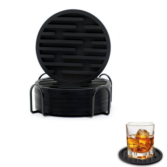 GIXUSIL 6Pcs Silicone Coasters with Holder,Coasters for Drinks,Beer,Coffee Coasters,Suitable for Kinds Cups,Hot or Cold,Anti-SLI,Non-Stick,Anti-Overflow Tabletop Protection and Decor (Black)