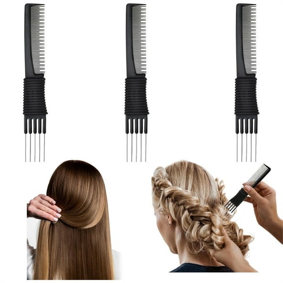 GIXUSIL 7.6" Lens Lift Teasing Comb with Metal Prong, (3 Pack), Women's Black Hair Styling Comb for Teasing, Lifting & Fluffing, Salon Teasing Back Combs, Black Carbon Comb