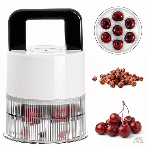 GIXUSIL 7-in-1 Multi Cherry Pitter Tool with 1.5" Extra Large Slot, Splash Proof Pit Container, Quick Release Seed Remover for Jam, Pies, Dishwasher Safe, White
