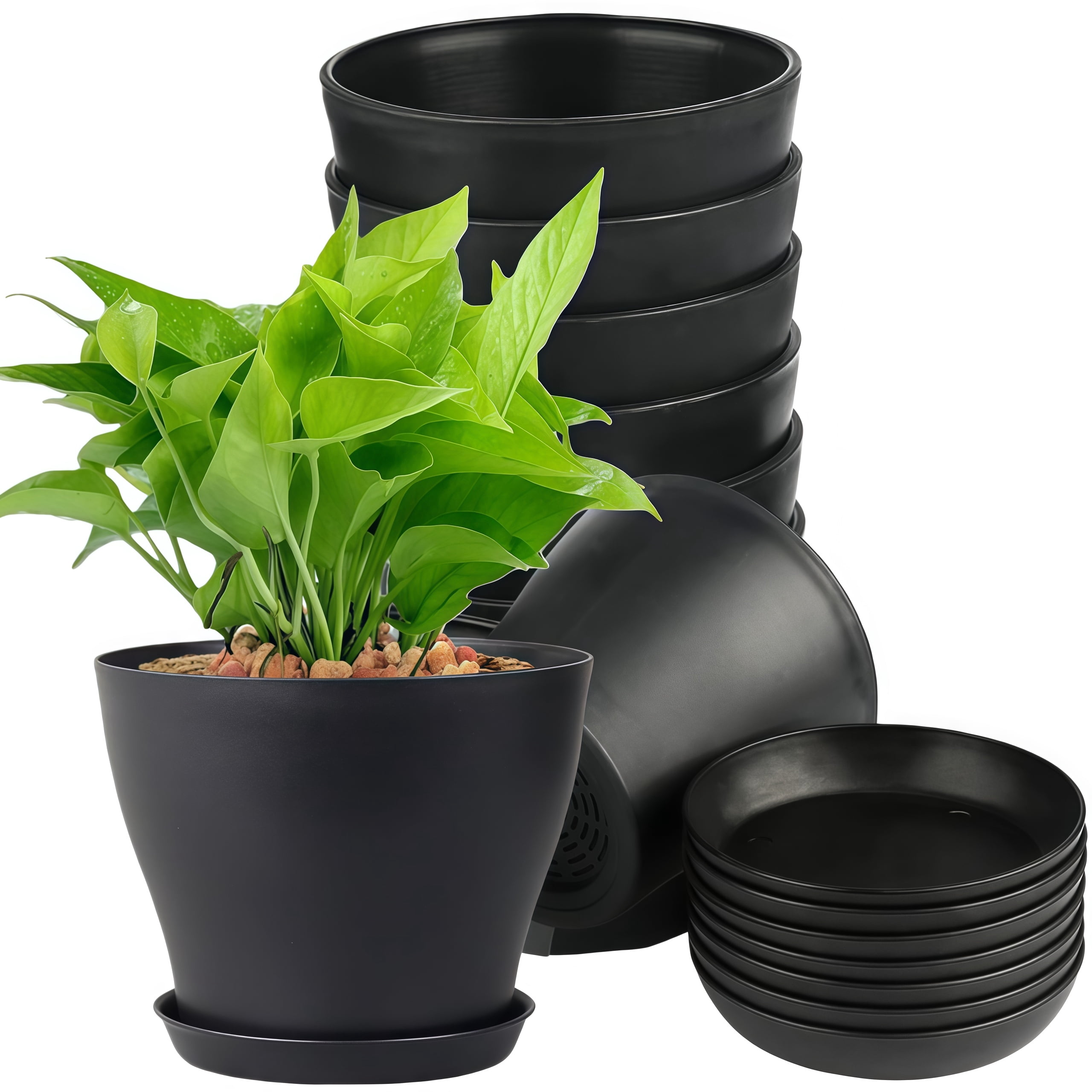 GIXUSIL 8-Pack 5.5inch Plastic Plant Pots with Saucers, Nursery Planters with Drainage Holes for Succulents, Herbs, Flowers, Seedlings - Black