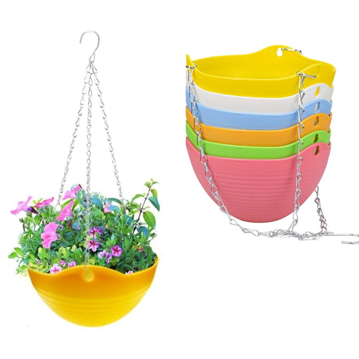 GIXUSIL 8 inch Self-Watering Hanging Planter, 7-Pack Plastic Plant Pots with Drainage Holes & Chains for Indoor Outdoor Garden Basket (7 Colors)