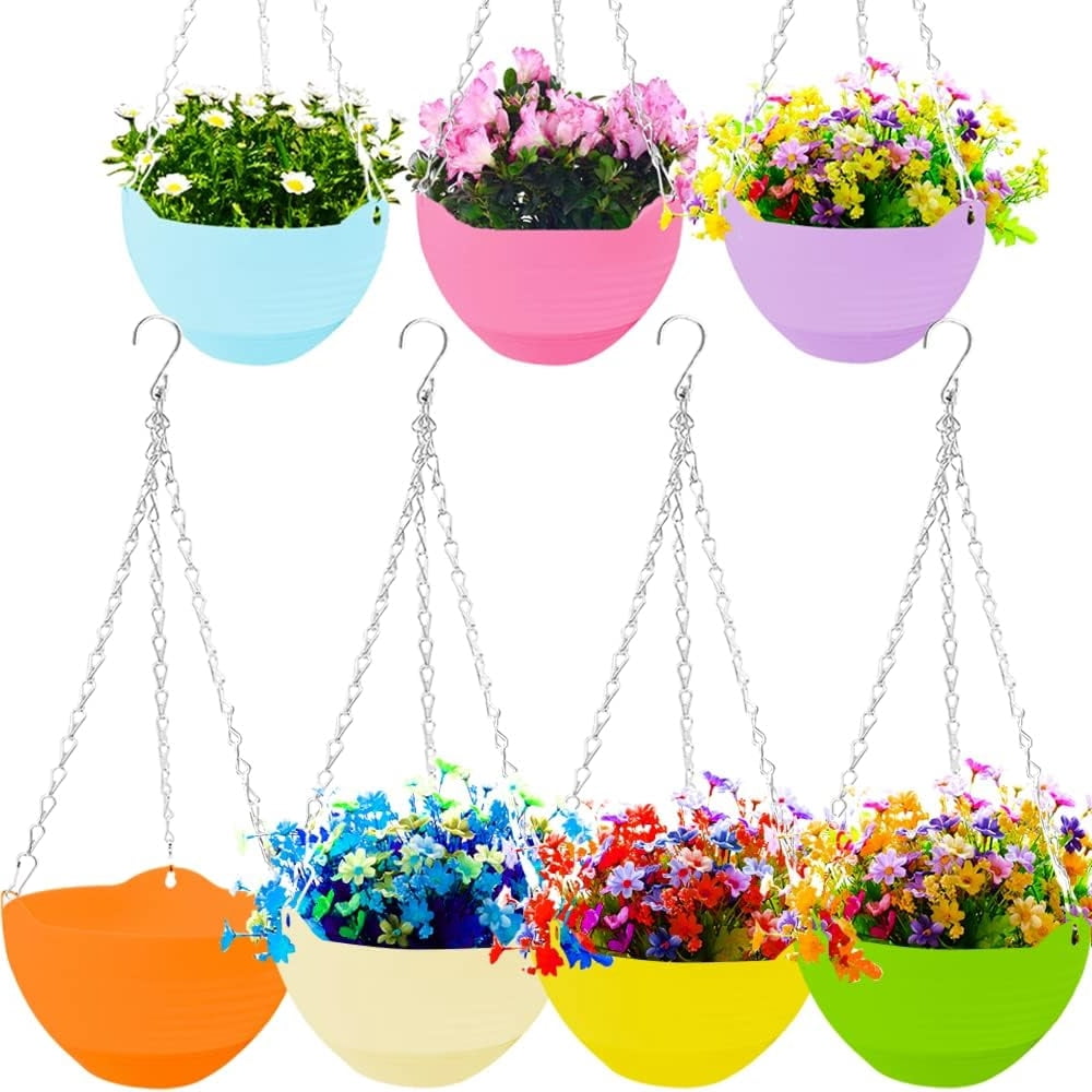 GIXUSIL 8 inch Self-Watering Hanging Planters, 7-Pack Plastic Planters with Drainage Holes & Chains for Indoor Outdoor Garden, 7 Colors for Spider Plant & Trailing Flowers