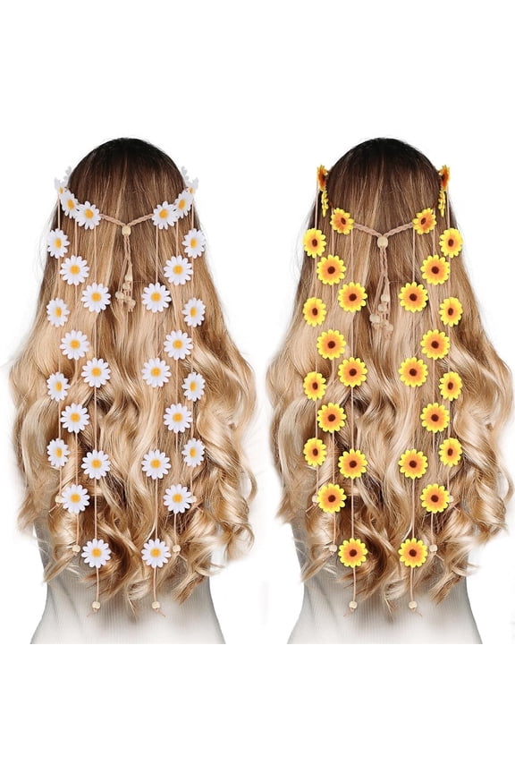 Adjustable Flower Headbands, Sunflower Hairbands, Handmade Headdress Rope, Floral Hippie Crown Daisy Hair Accessories for Hippy Outfits Costume Party Women (2Pcs)