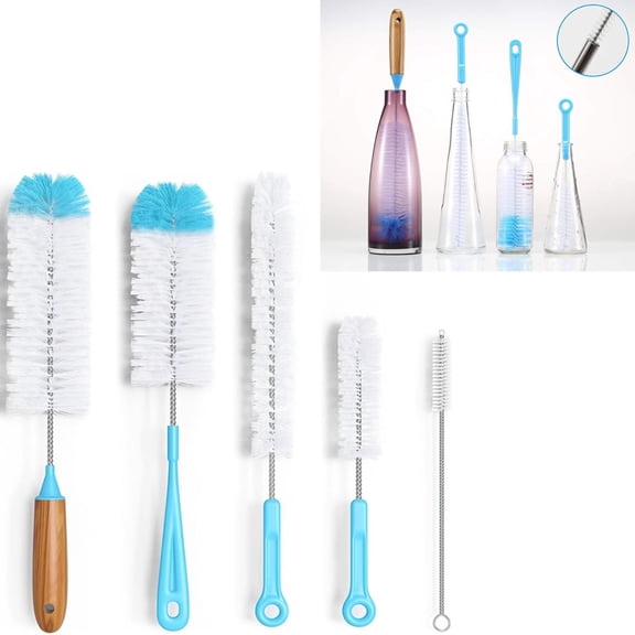 GIXUSIL Bottle Cleaning Brush Set - 5Pcs 5 Size Long Handle Bottle Cleaner for Washing Narrow Wine/Beer Bottle, Thermos, Hummingbird Feeder, Sport Well, Plus Kettle/Straw Brush,Blue