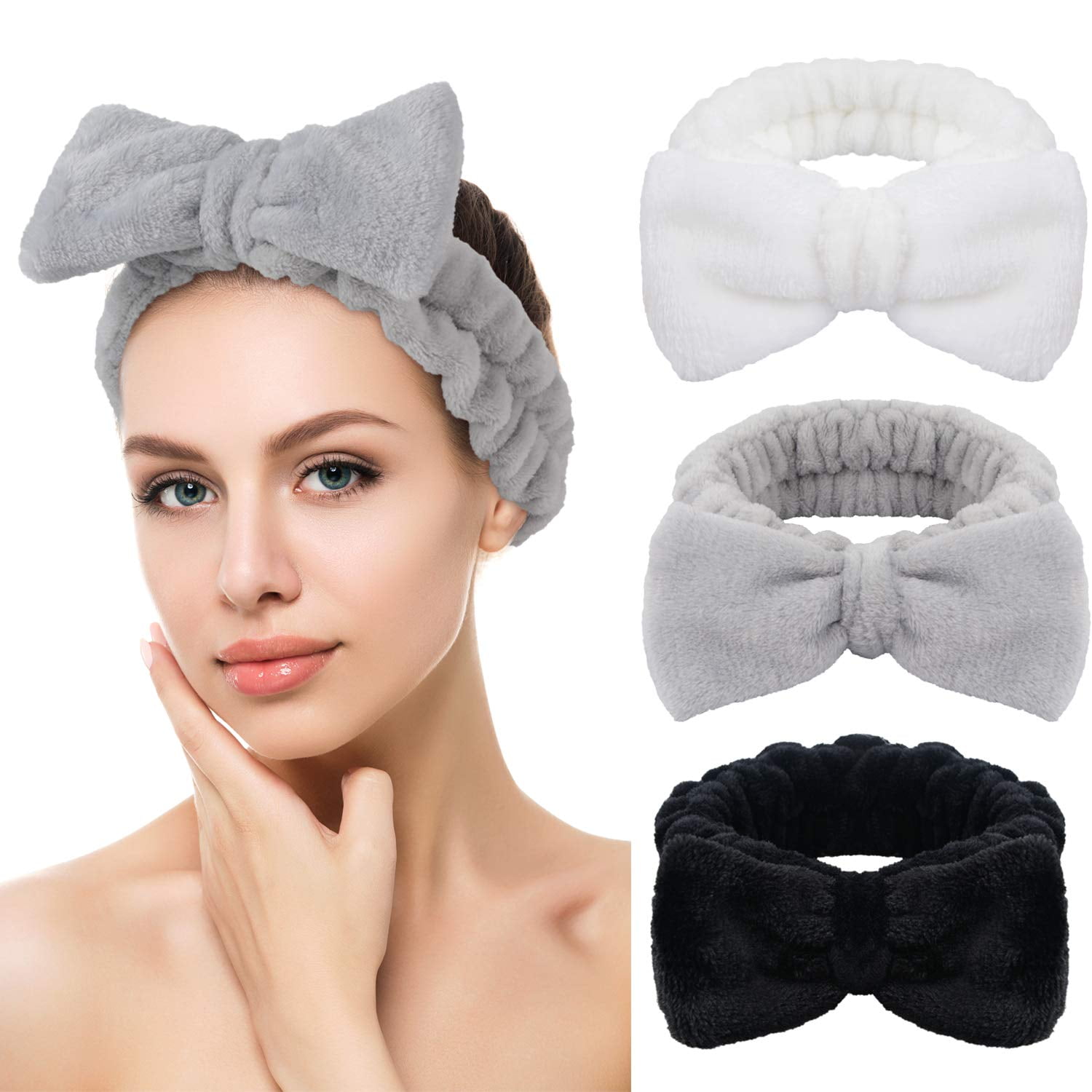 Chuangdi 3 Face Wash Bands for Makeup and Yoga Sports Shower Face Spa  Headband Elastic Headband for Girls and Women (Black, White, Light Grey)
