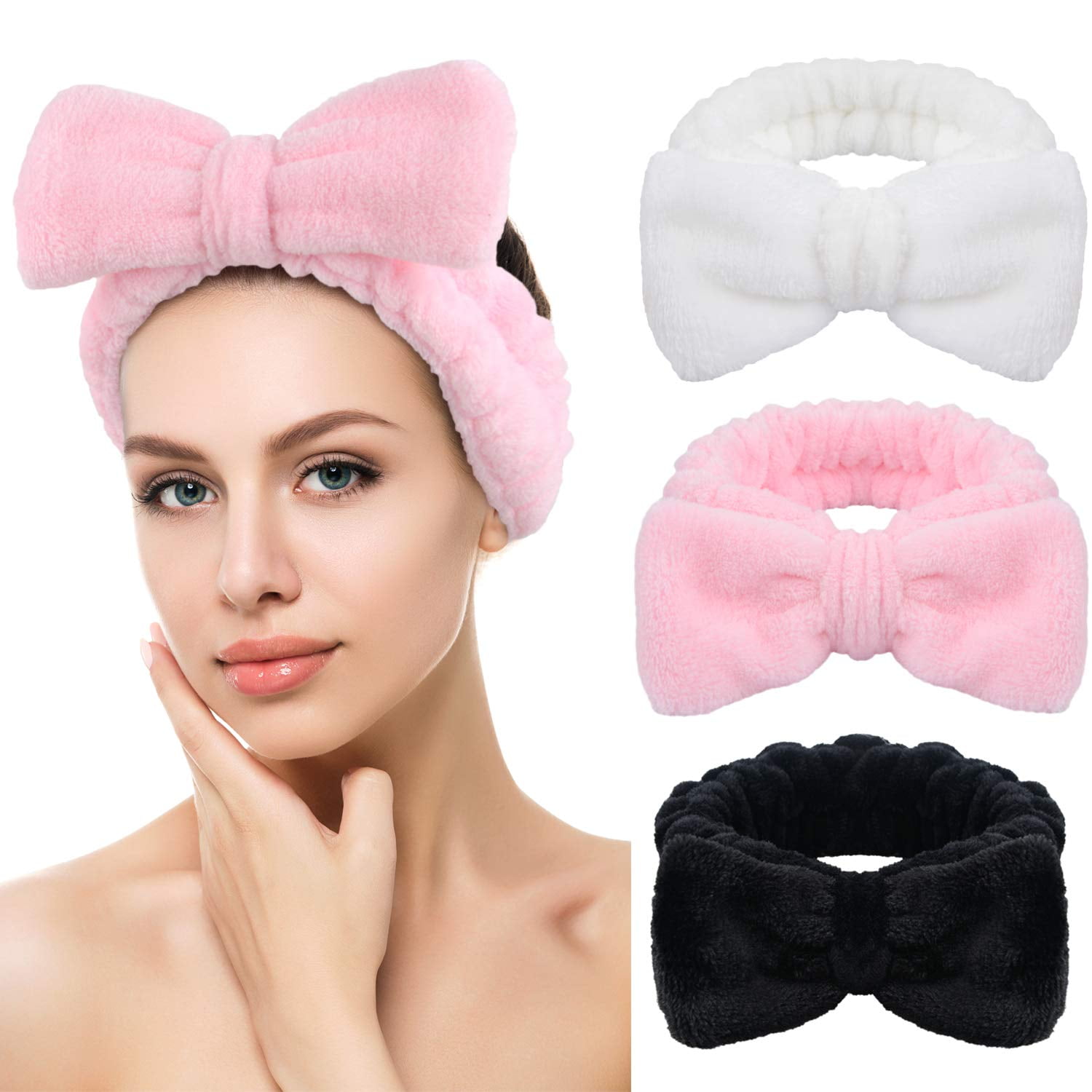 GIXUSIL Bow Hair Bands Spa Headband for Washing Face Makeup Headband for Women Girls 3Pack Black Pink White