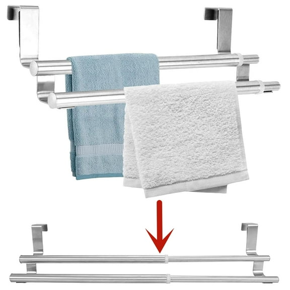 GIXUSIL Over the Door Towel Rail 2 Tier, Double Layers Stainless Steel Telescopic Towel Holder for Cupboard Drawer Cabinet Rack Hanger Organizer Bathroom Kitchen (40cm Retractable Double Pole)Silver