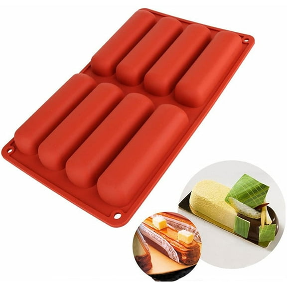 GIXUSIL Eclair Mold 8 Cavity Long Strips Mold Silicone Finger Biscuit Molds Hotdog Buns Pan Cylinder Silicone Trays for Chocolate Cracker Bar Stick, Fondant Mould DIY Tools, Ice Cube Trays,Red