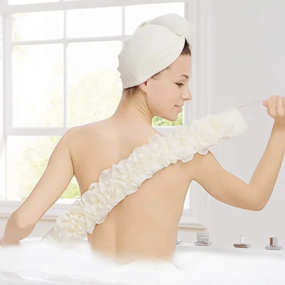 GIXUSIL Exfoliating Back Scrubber Double Sided Exfoliating Cloth with Strap Long Body Scrub Sponge Shower Loofah with Handle for Women Men Deep Clean Body Washing (Beige)