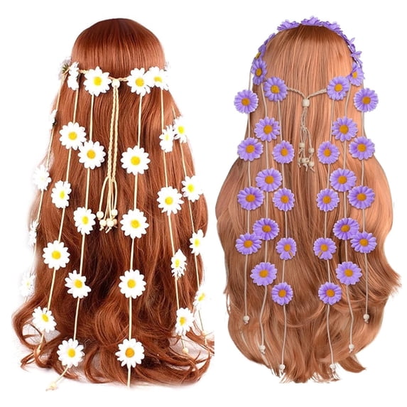 Tutuviw 2Pcs Flower Crown, Flower Headband Sunflower Crown Summer for Hippie Hair Accessories, Sunflower Headband Suitable for Wedding, Photo Shot (Beige, Purple)