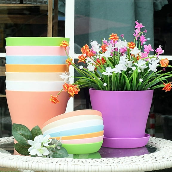 GIXUSIL Flower Planter Pots 4.8 inch, 8 Pack Plastic Plant Pots with Drainage Hole and Base Tray Saucer, Modern Decorative Garden Pots for Indoor Plants, Aloe Vera, Succulents, Polychrome