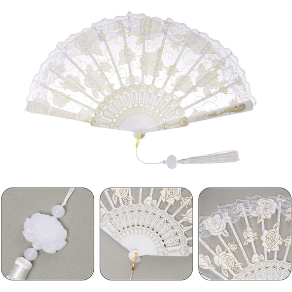 GIXUSIL Lace Hand Fan Folding Wedding Fans Single Layer Foldable Fan with Tassel Plastic Spanish Handheld Foldable Rave Fan for Women Girls Halloween Dress up Costume Dancing Party Decoration,White