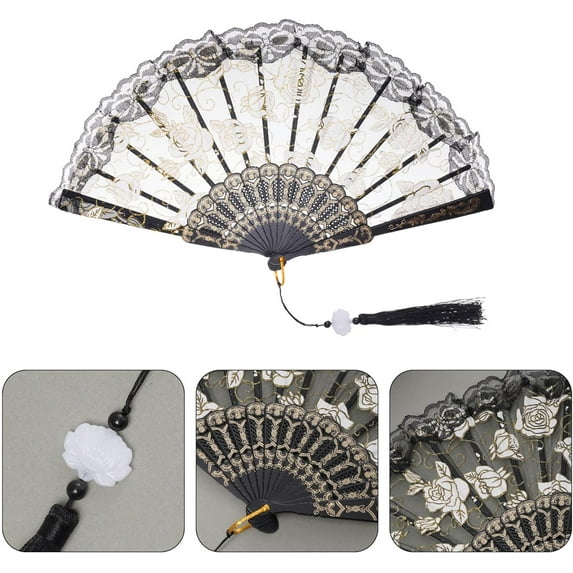 GIXUSIL Lace Handheld Chinese Plastic Folding Fan Silk Folding Fan Hanfu Plastic Fan for Women Wedding Decoration Dancing Party, Black