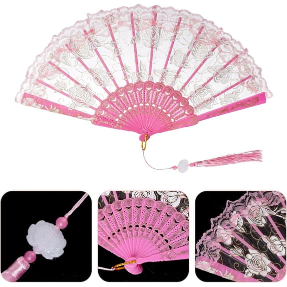 GIXUSIL Lace Handheld Folding Fan Wedding Fan,Embroidered Flower Bridal Hand Fan Chinese Japanese Vintage Fan for 1920s Costume Wedding Dancing Tea Party(Pink)