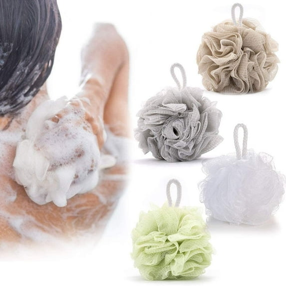 GIXUSIL Large Bath Shower Sponge Pouf Loofahs 4 Packs 60g Each Eco-Friendly Exfoliating Mesh Brush Pouf Bath Shower Ball Sponge -Exfoliate, Cleanse, Soothe Skin( White, Light Green, Gray, Khaki)