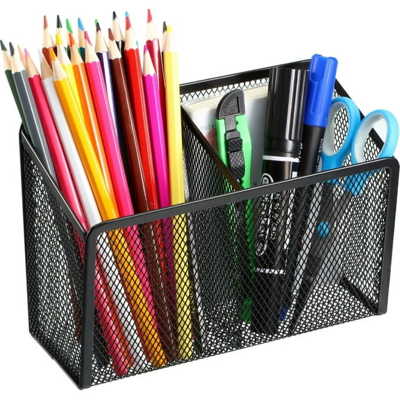 GIXUSIL Magnetic Pencil Holder and Locker Organizer, Wire Mesh Storage Basket for Refrigerator, Whiteboard or Office Cabinet. Extra Strong Magnets. Office Accessories (Black, 2 Compartment)
