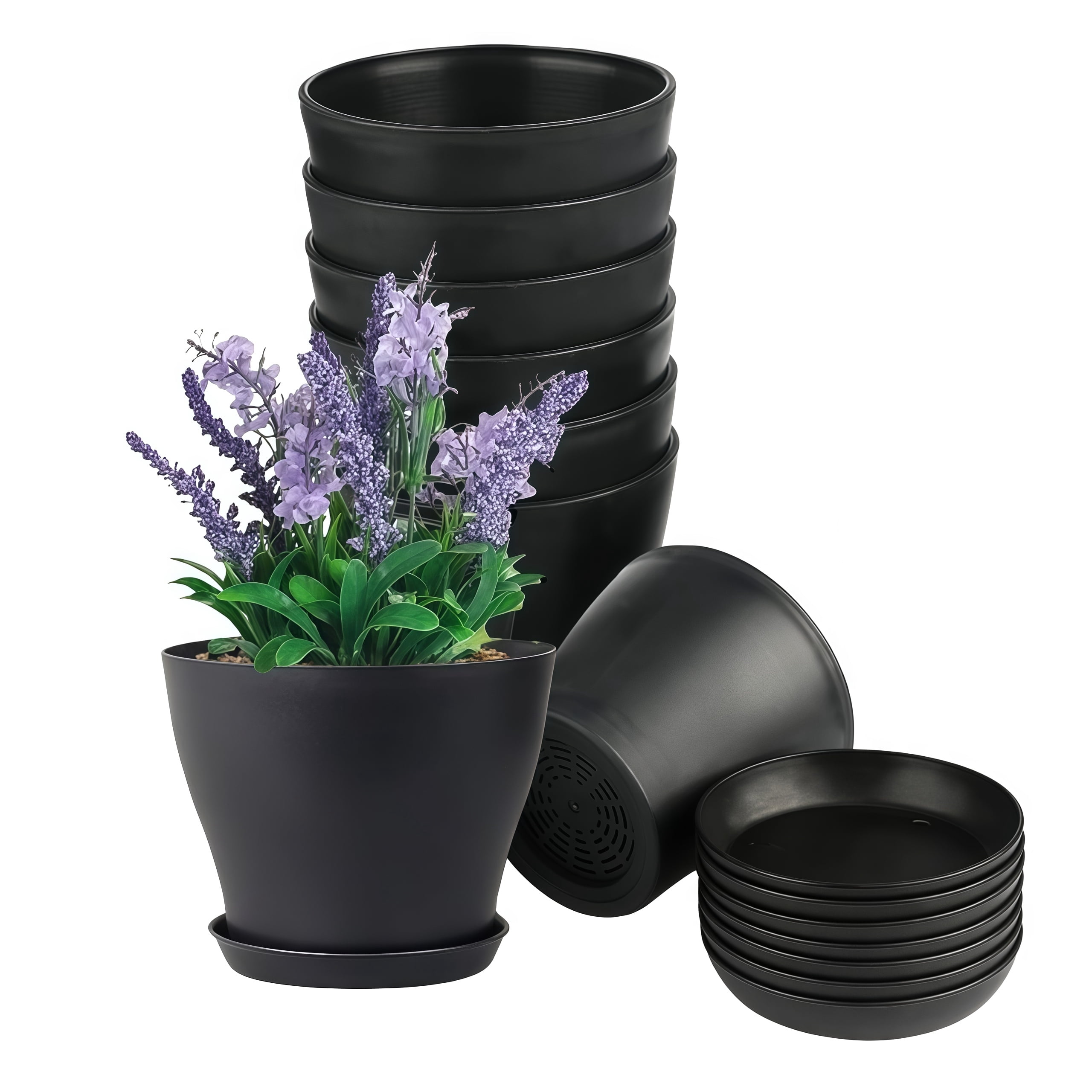 GIXUSIL Modern Matte Black Plant Pots (8-Pack, 4.8 Inch) with Drainage Holes & Trays, Plastic Planter Set for Windowsill, Desk, Kitchen Herb Garden, Succulents- Lightweight & Durable