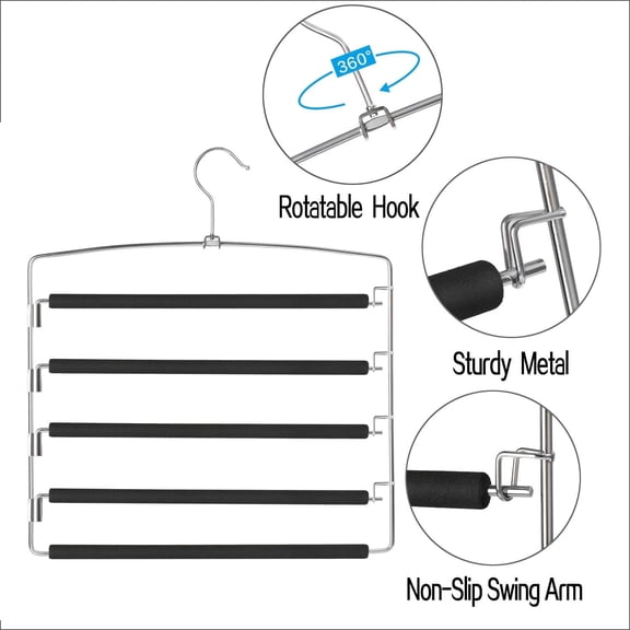 GIXUSIL Pants Hangers 1Pcs, Swing Arm Trousers Hanger, Space Saving Pants Rack, 5 Layers Jeans Hangers with Non-Slip, Multiple Pants Hanger Closet Organizer for Trousers Scarves Ties