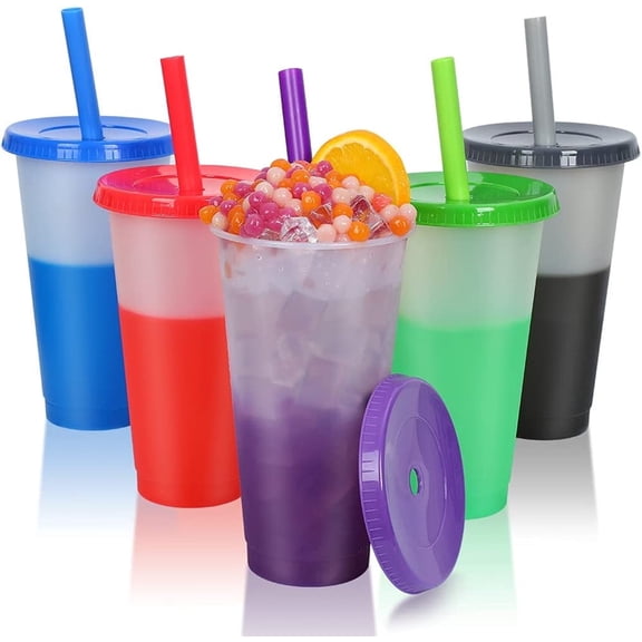 GIXUSIL Plastic Tumblers Bulk with Lids | Straws for Adults Kids: 5 Pack 32 oz Reusable Boba Drinking Cups Reusable Ice Cold Color Changing Cups,Christmas Decorations