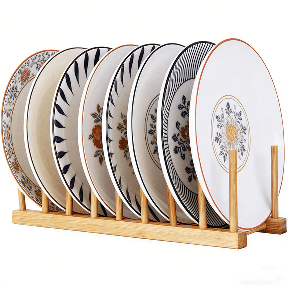 GIXUSIL Premium Bamboo Dish Drying Rack - Dish Rack Kitchen Plate Holder-Wooden Dish Rack Plates Holder Compact Kitchen Storage Cabinet Organizer for Dish/Plate/Bowl/Cup/Pot Lid/Cutting Board(Wood)