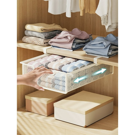 GIXUSIL Pull Out Basket Storage Under Shelf, Under Cabinet Hanging Drawer, Metal Wire Mesh Storage Basket Organizer for Kitchen, Office, Wardrobes, Cupboard Storage , Pullout Drawer Basket,White