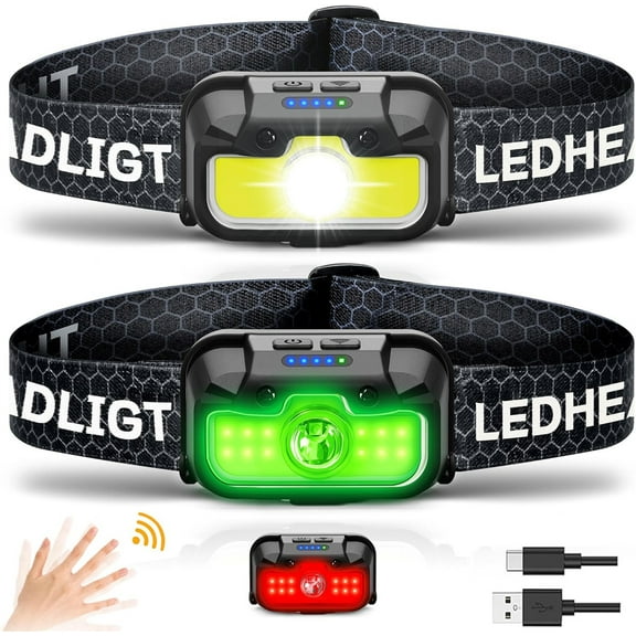 GIXUSIL Rechargeable Headlamp, Lumen LED Head Lamps with Red/Green/White Light, 7 Model Motion Sensor Lightweight Waterproof Headlight for Adults & Kids Camping, Hiking