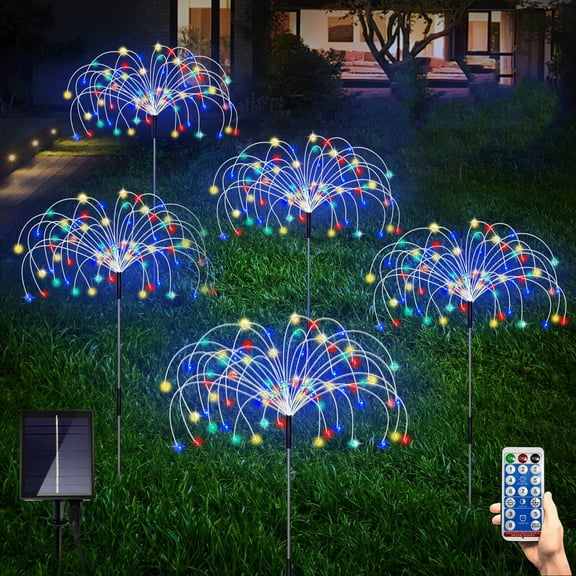 GIXUSIL Solar Garden Lights, Outdoor Firework Lights, 5Pack 120 LED Solar Lights Decorative Stake with Remote, 8 Modes DIY Landscape Light Waterproof Lamps for Walkway Pathway Backyard Lawn(Colorful)