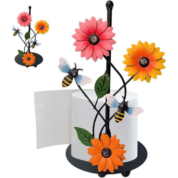 GIXUSIL Sunflower Kitchen Paper Towel Holder Paper Towel Holder with Sunflower Flower Ladybird Decor,Black Metal Farmhouse for Kitchen Counter Decor Housewarming Gift(Bees)