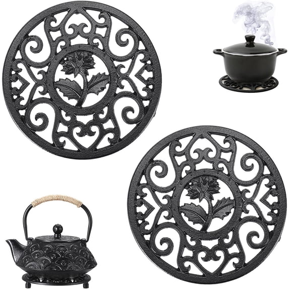 GIXUSIL Tea Pot Trivet for Kitchen, 4.7" Floral Pattern Hot Plate Pad for Party Sturdy Cast Iron Trivets Practical Kettle Trivet Holders for Table Dining Office, 2 Pcs/Black