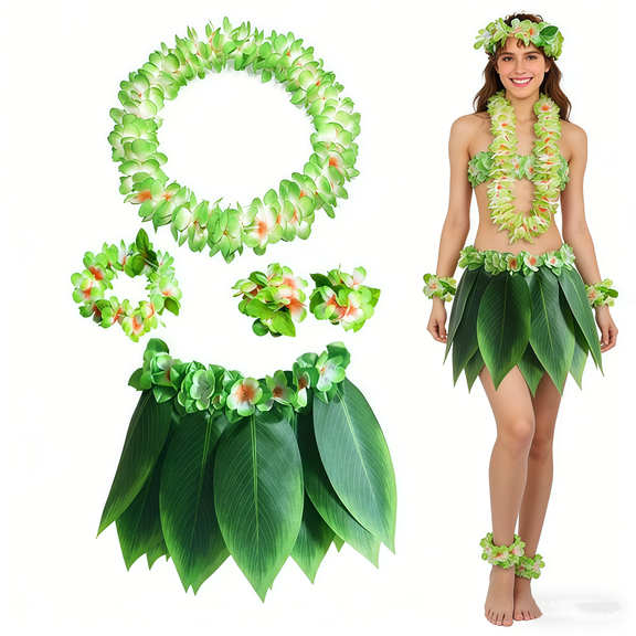 GIXUSIL Ti Leaf Skirt Hawaiian  Grass Skirt with Flower Leis for Women,Men,Luau Party Dress Outfits (Style 1 )Green