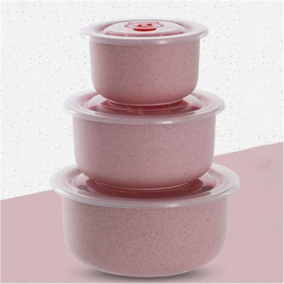 GIXUSIL Wheat Straw Crisper Box with Easy Lock Lid, Eco-Friendly Dry Food Snacks Vegetables Fruits Salad Sealed Storage Box, Portable Plastic Crisper Bowl Set of 3 - Pink