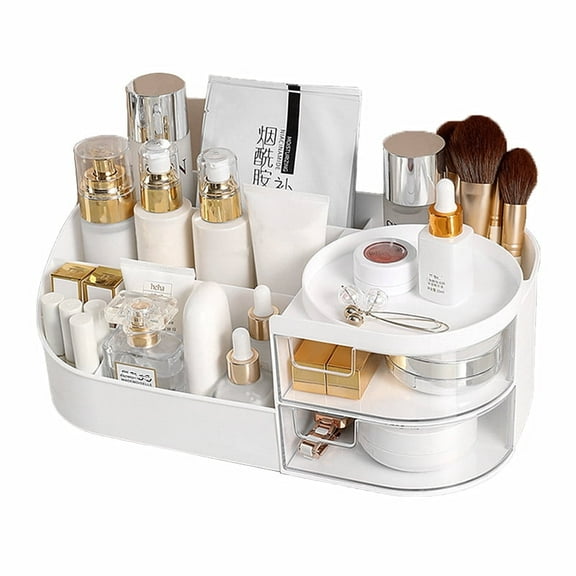 GIXUSIL White Cosmetic Organizer -‎Plastic Makeup and Skincare Storage Box with Lipstick Holder​​ and Desktop Finishing Dresser