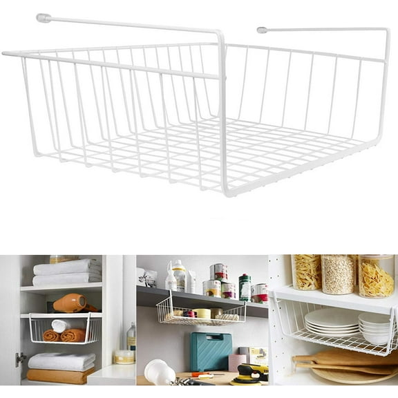 GIXUSIL White Under Shelf Wire Basket Hanging Storage Baskets, 11in Under Cabinet Add-on Storage Racks Slide-in Baskets Organizer for Kitchen Pantry Desk Bookshelf– No Tools Required